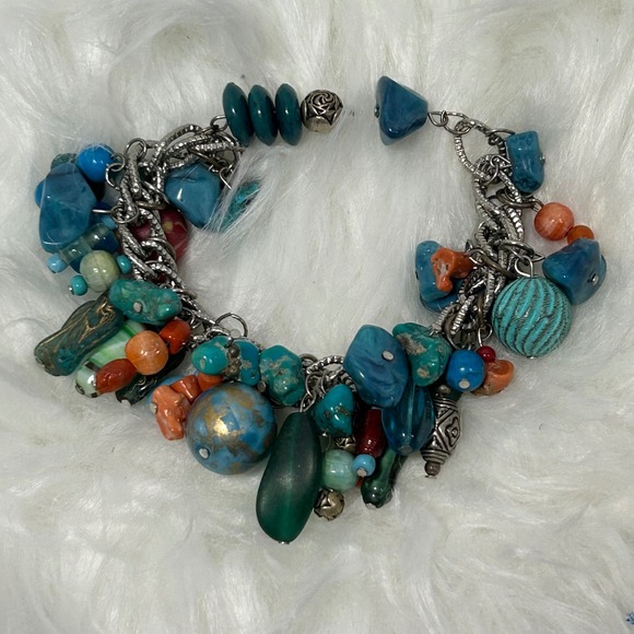 Jewelry - Teal Blue Turquoise Bead Silver‎ Chain Multi Strand Charm Bracelet Women's